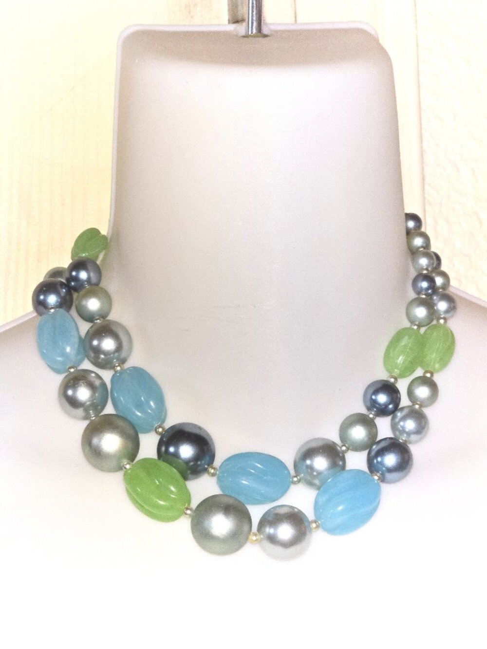 Vintage 2 strand blue green gray necklace signed Japan molded beads